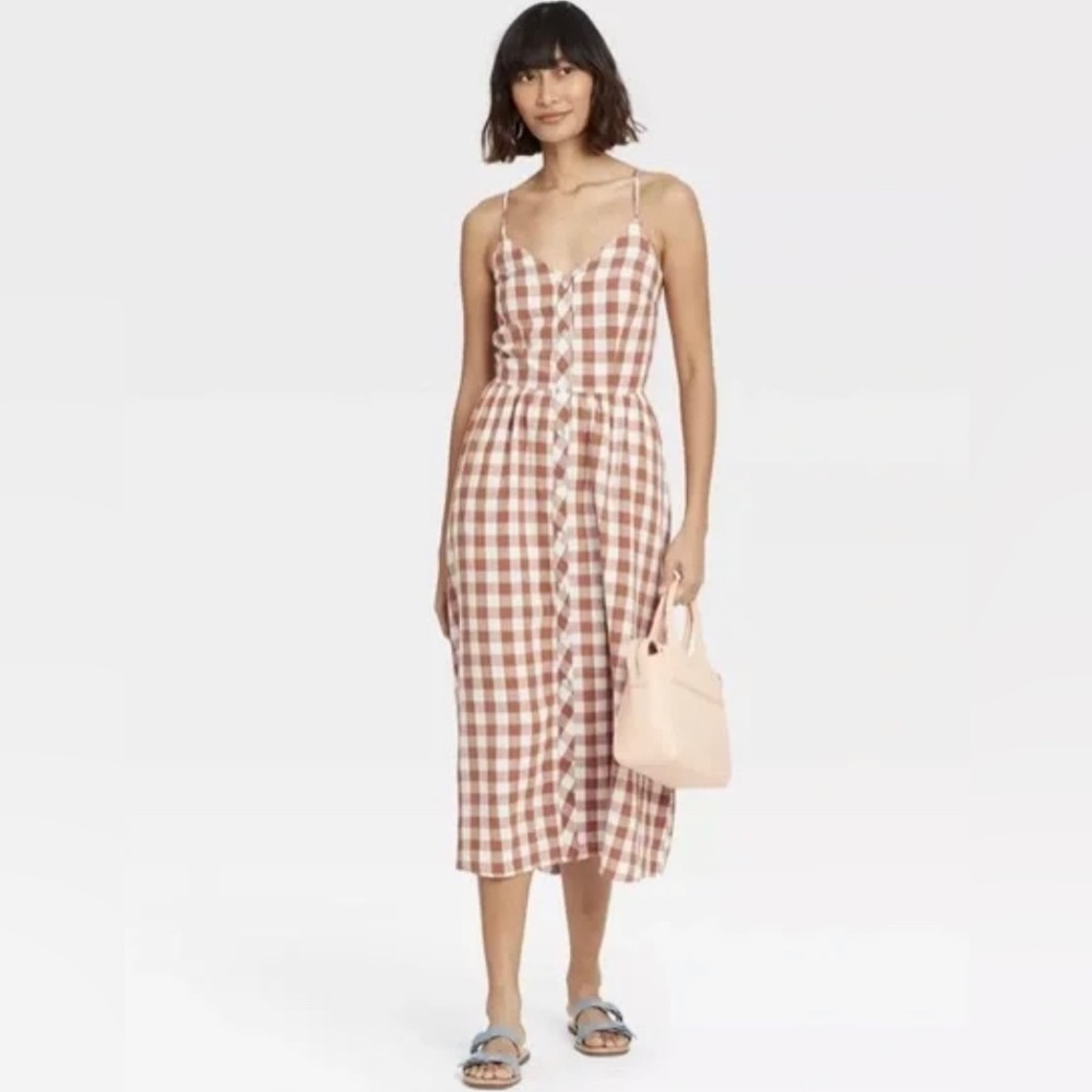 A New Day gingham rust button down linen blend dress